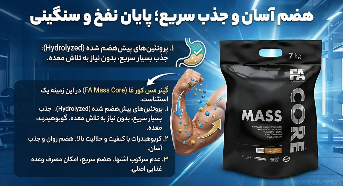 اینفوگرافیک بررسی هضم آسان و جذب سریع پودر گینر مس کور فا 7 کیلوگرم (FA Core Mass Gainer)؛ حاوی پروتئین‌های هیدرولیز شده برای جلوگیری از نفخ و سنگینی معده.