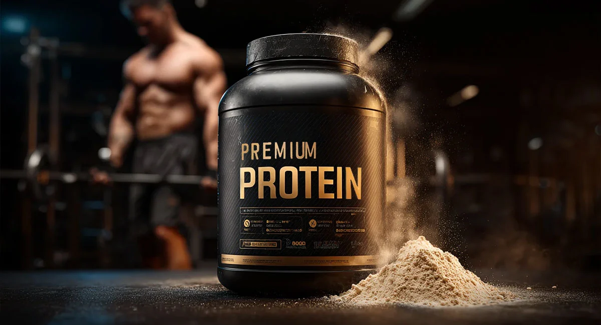 راهنمای کامل پروتئین و عضله سازی با تصویر یک ورزشکار و مکمل