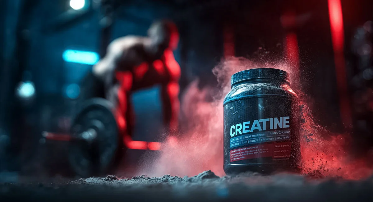 مکمل کراتین در باشگاه بدنسازی کنار یک ورزشکار در وزنه سنگین زدن