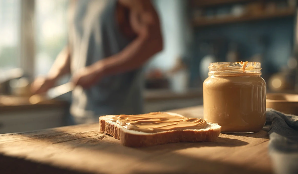 نقش کره بادام زمینی در بدنسازی؛ یک بدنساز در حال تهیه صبحانه سالم با کره بادام زمینی برای تامین انرژی و پروتئین مورد نیاز عضلات.