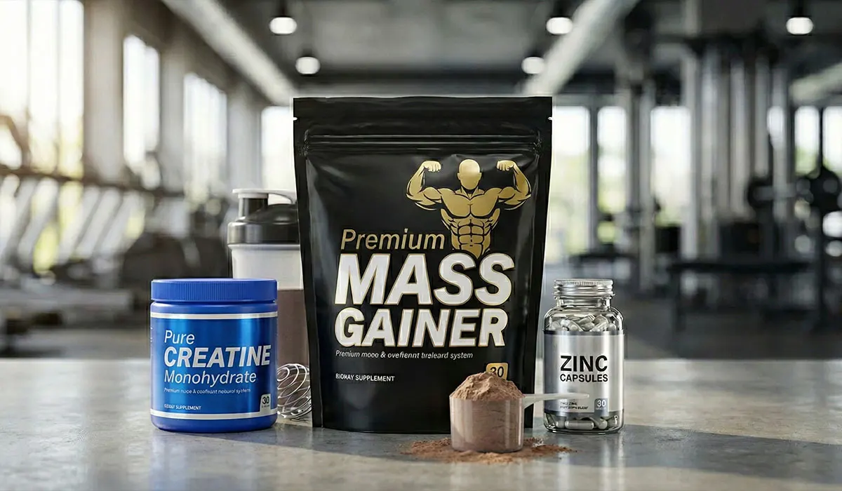 تصویر سه مکمل اصلی برای افزایش وزن افراد لاغر شامل کیسه پودر مس گینر، قوطی کراتین مونوهیدرات و بطری کپسول زینک که روی میز در باشگاه بدنسازی قرار دارند.
